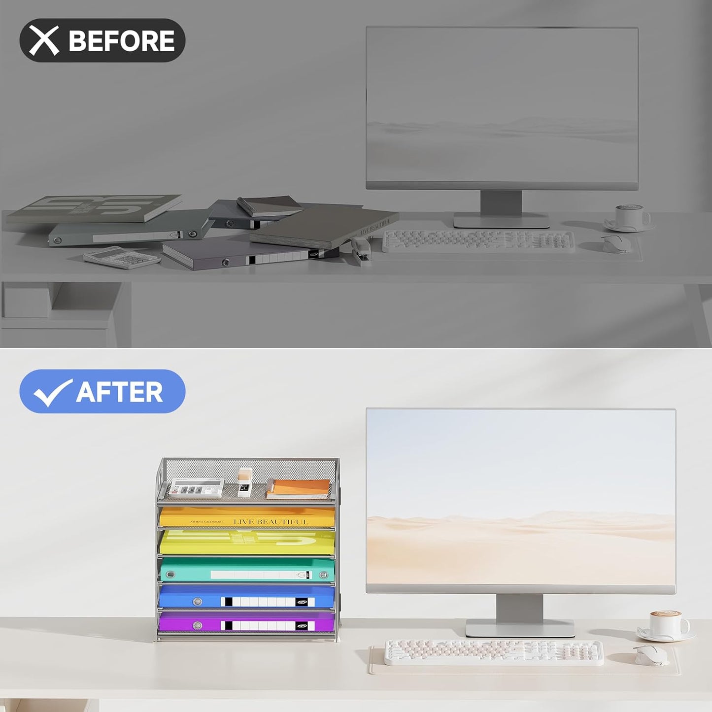 6 Tier Paper Organizer with Handle, Metal Desk Organizer Mesh Paper Letter Tray Desktop File Folder Document Sorter for Classroom, School, Office Accessories Organization and Storage - Silver