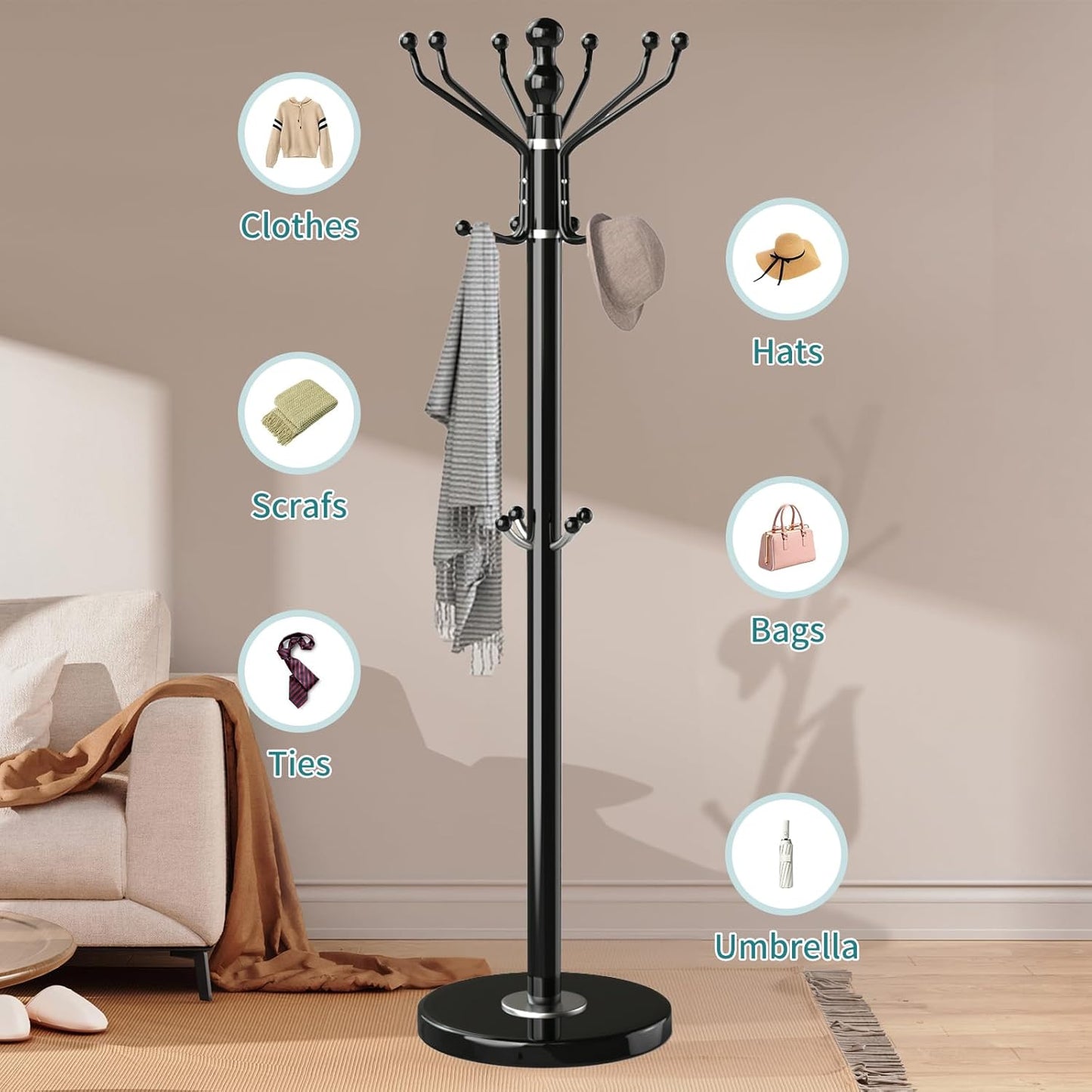 Modern Coat Rack with Natural Marble Base, Metal Freestanding Coat Racks with 16 Hooks, Sturdy Coat Rack Stand for Hanging Scarf, Bag, Jacket, Standing Coat Hall Tree Hanger Holder Stand