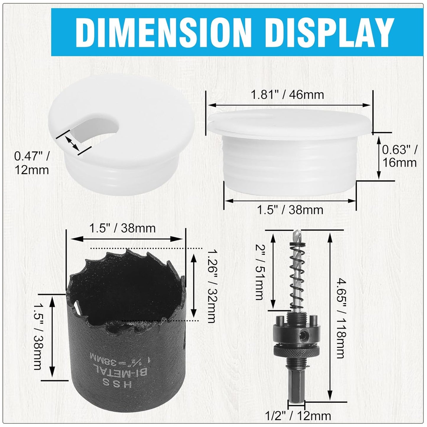 1-1/2" White Desk Grommet with Bi-Metal Hole Saw, JTemgle Plastic Cable Hole Cover Computer Table Cord Wire Organizer Caps, Desktop Cord Management for Home Office TV Stands Tabletops, 13 Pieces
