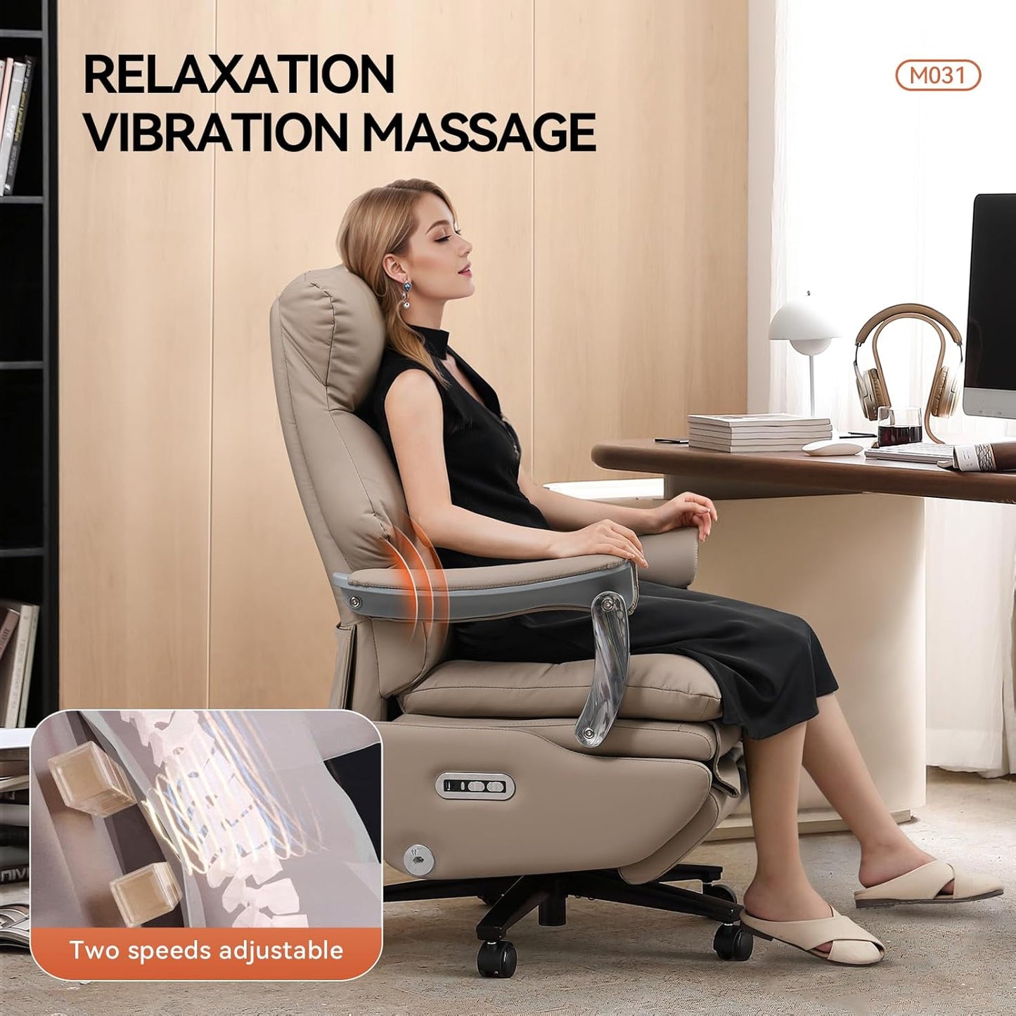 Dual Motor Electric Genuine Leather Executive Office Chair with Foot Rest, Comfortable Reclining Office Chair with Massage, Big and Tall High Back Comfy Ergonomic Home Office Desk Chairs 400lbs, Khaki