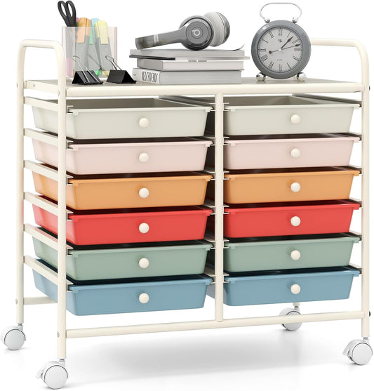 Giantex 12 Drawers Rolling Cart, Mobile Storage Drawer Cart, Classroom Organizer Cart for Office School Supplies Tools Scrapbook Paper Craft Small Printer, Utility Cart on Wheels, Macaron