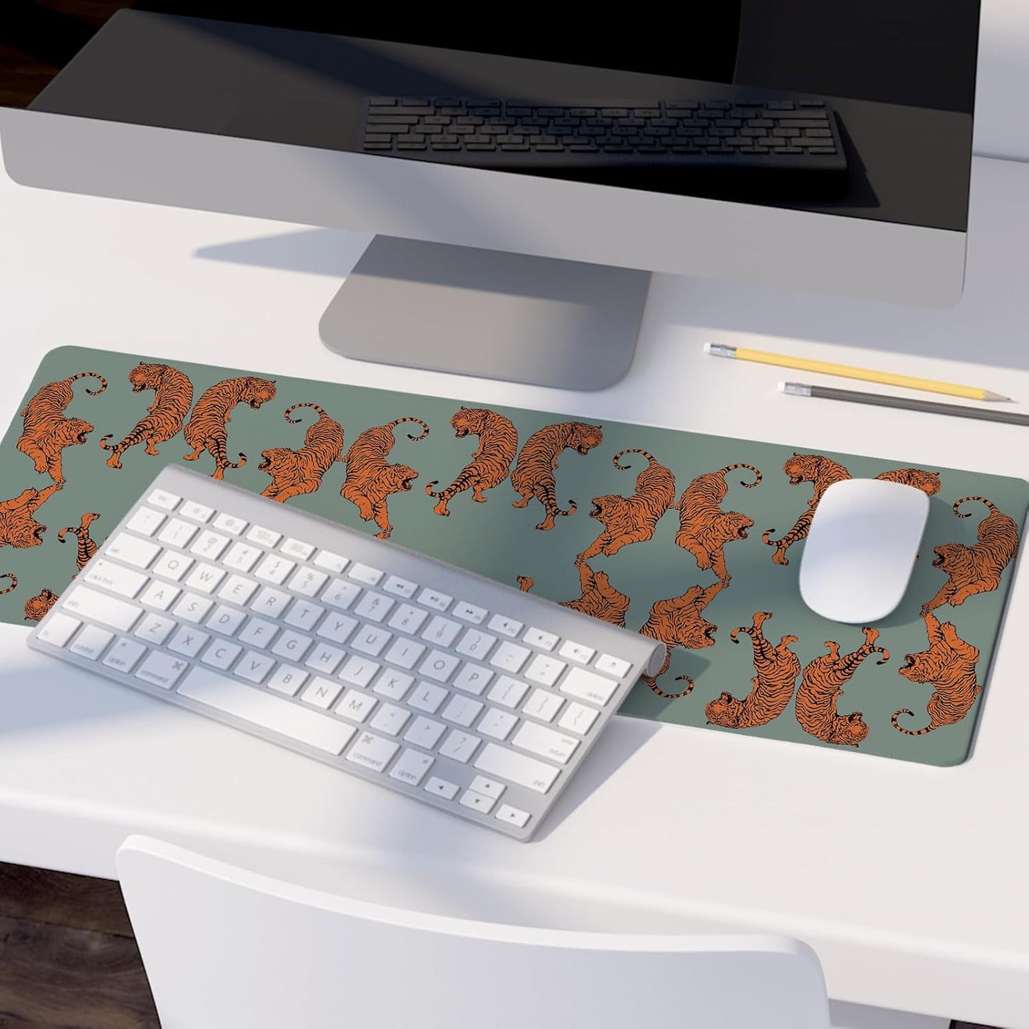 Sage Green Tiger Decor Mouse Pad,Cheetah Desk Mat,XL Large Leopard Mouse Pad,Preppy Desk Mat for Dorm Home Office Decor,31.5x11.8 Inch