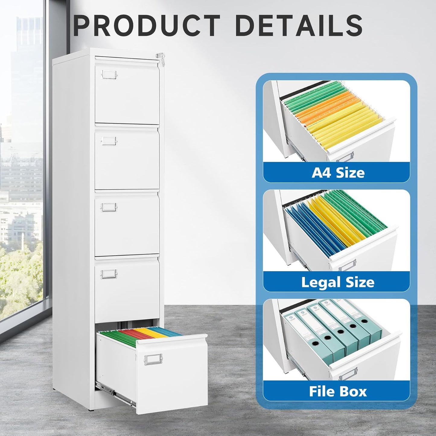 5 Drawer File Cabinet with Lock Metal Vertical File Cabinet Office Home Vertical File Cabinet for A4 Legal/Letter Size Narrow File Cabinet Locked,Assembly Required (White, 5 Drawers-Vertical)