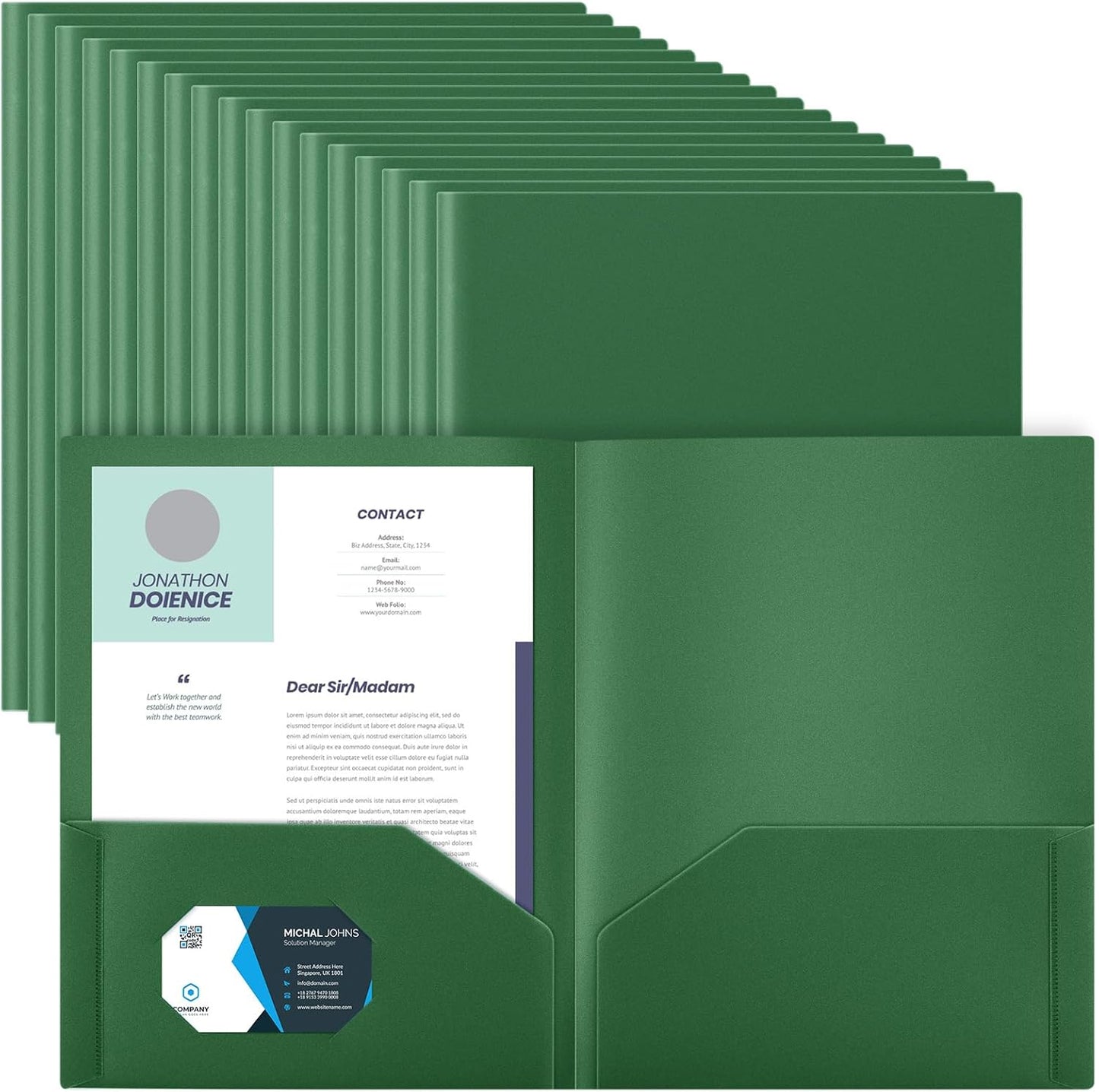 Gueevin 50 Pcs Plastic Folders with Pockets, Back to School Two Pocket Folder Fit Letter Size, Heavy Duty School Business Card Holder for Home Office, 11. 61 x 9. 45 Inches (Dark Green)