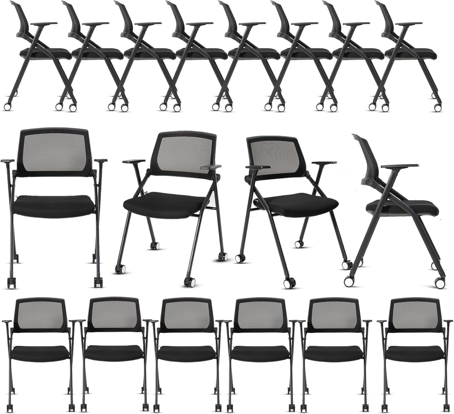 10 Pack Conference Room Chairs with Wheels and Sliding Armrest,Foldable Nesting Chair for Office School Church Waiting Room Black