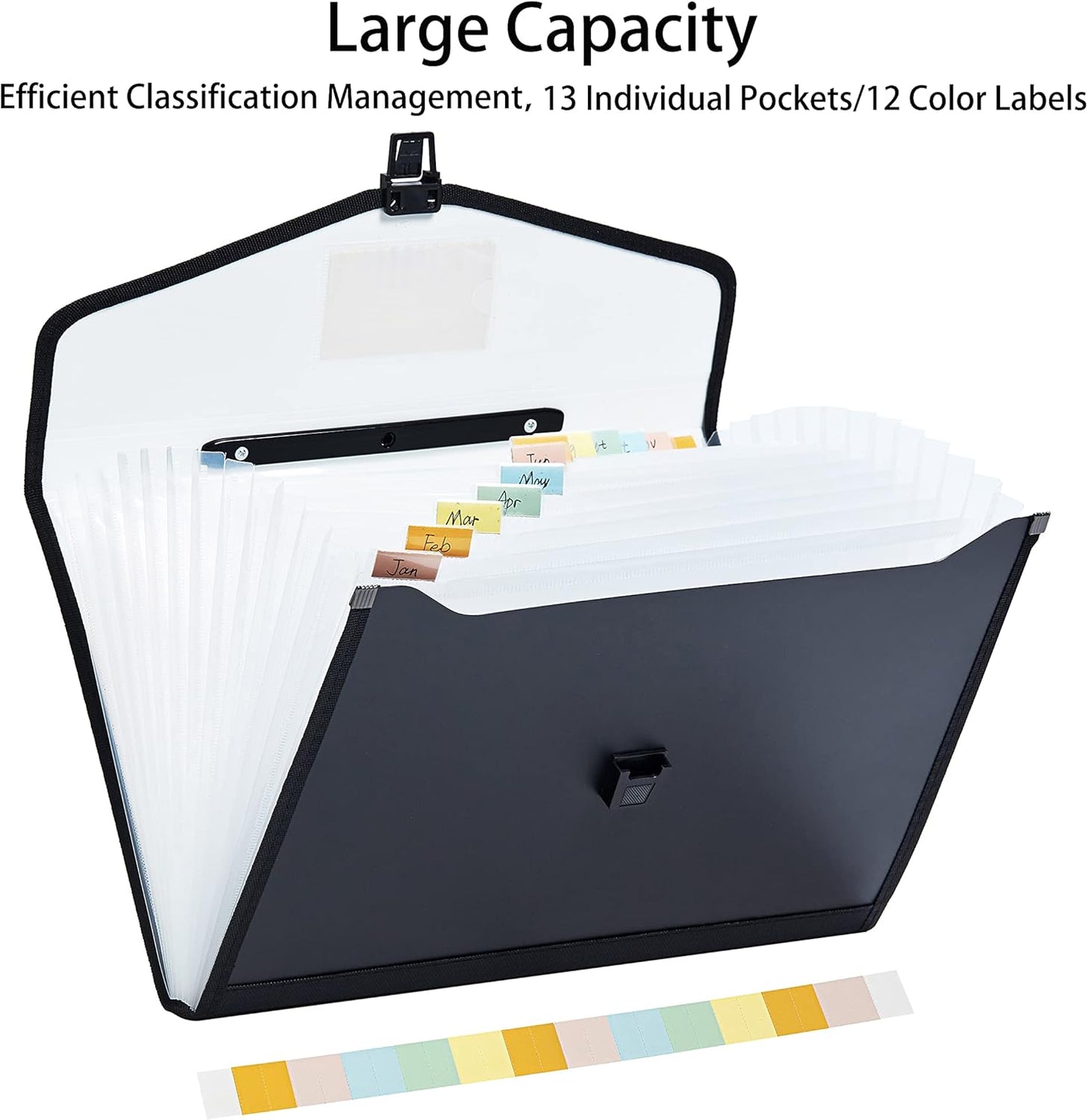 Legal Size 13-Pockets Expanding File Folder with Handle, Plastic Accordion Filling File Folder Expandable Monthly Portable Paper Document Organizer for Office School & Home (Black-1)