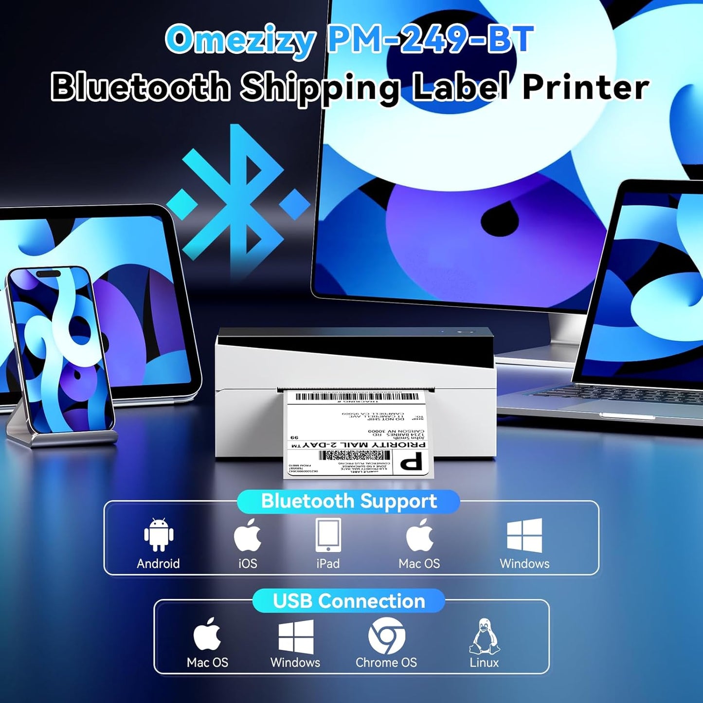 Bluetooth Shipping Label Printer 4x6, 249BT Thermal Label Printer for Small Business, Shipping Packages, Office, Home, Compatible with Amazon, Ebay, USPS