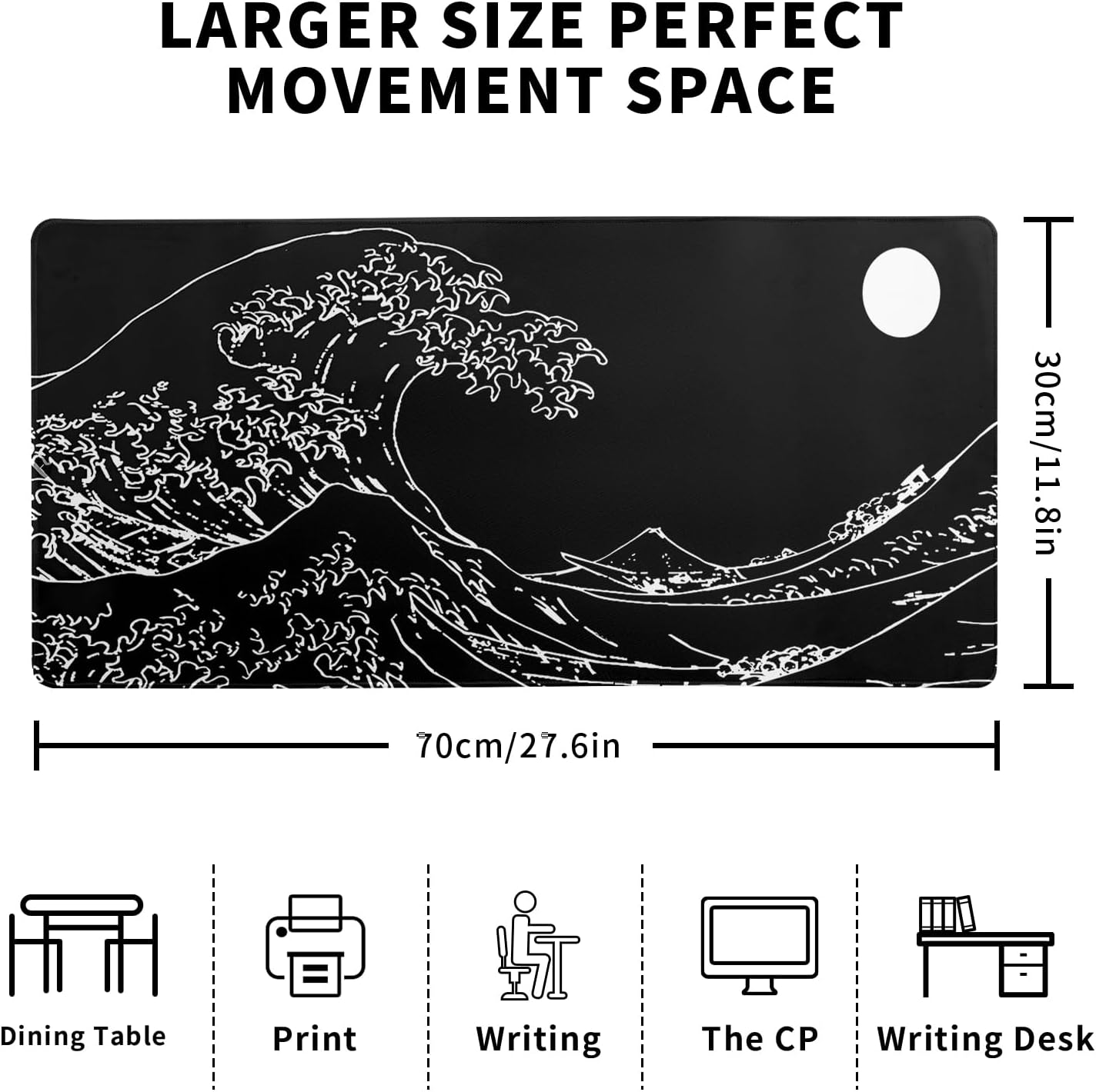 Japanese Sea Wave Gaming Mouse Pad 27.6x11.8 Inch Anime Black Large Mousepad Extended Kanagawa Mousepad Gaming Non-Slip Rubber Base Stitched Edges Keyboard Mouse Mat Desk Pad for Office Home Game