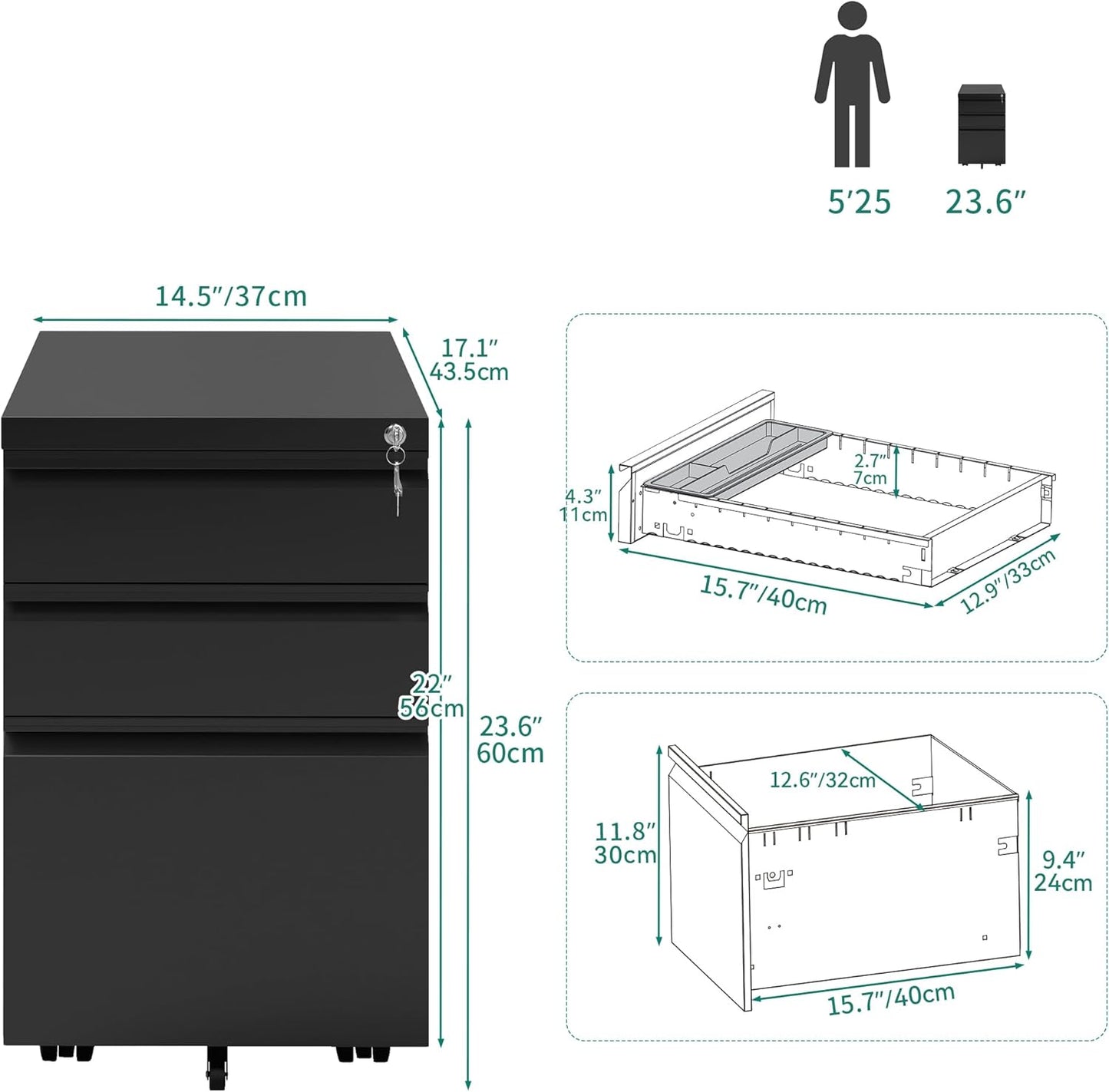 YITAHOME 3 Drawer File Cabinet with Lock, 20” Deep Office Vertical Files, Mobile Metal Filing Cabinet, Metal Vertical Filing Storage Cabinet for Letters/Legal/A4 Size，Black