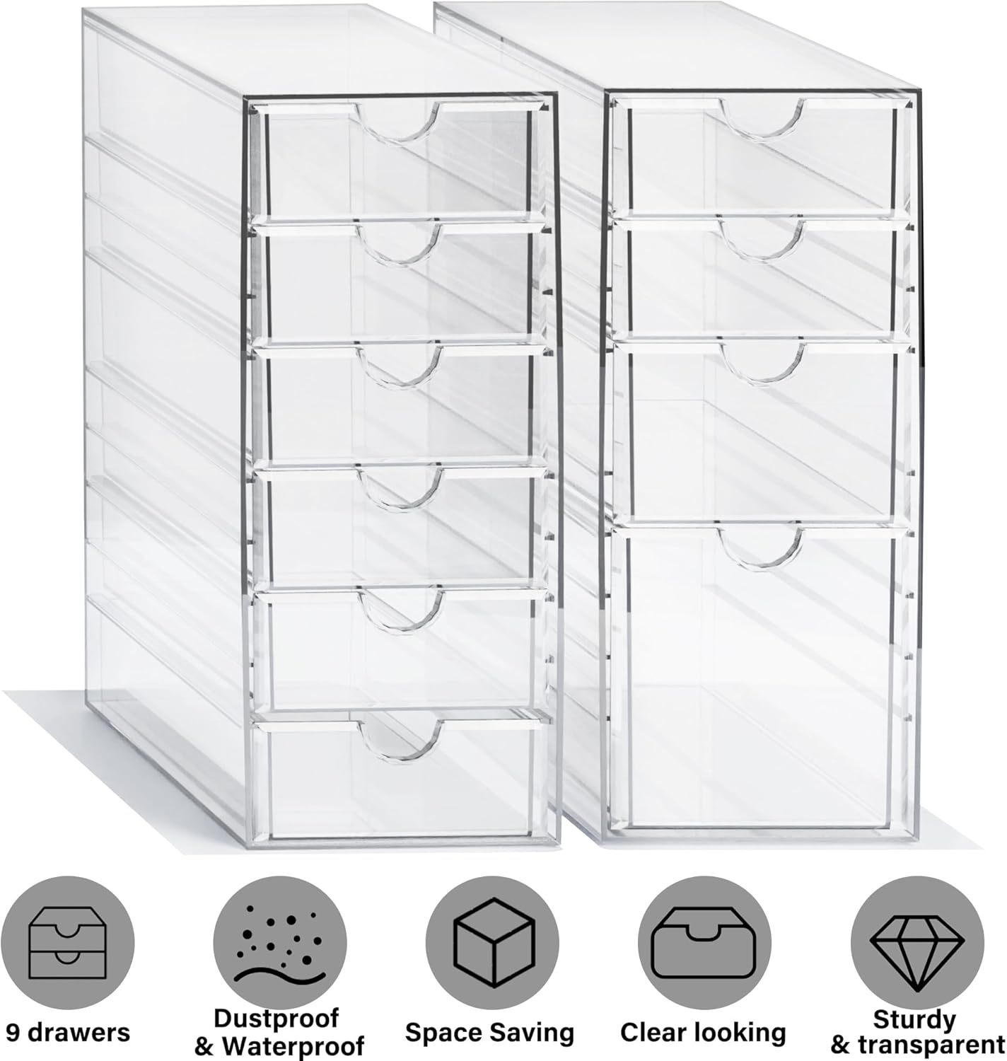 Prsildan Acrylic Drawer Makeup Organizer with 10 Drawers, Set of 2 Office Desk Organizers Accessories, Clear Stackable Storage Drawers for Vanity, Countertop, Craft, Jewelry, Art Supply Organization