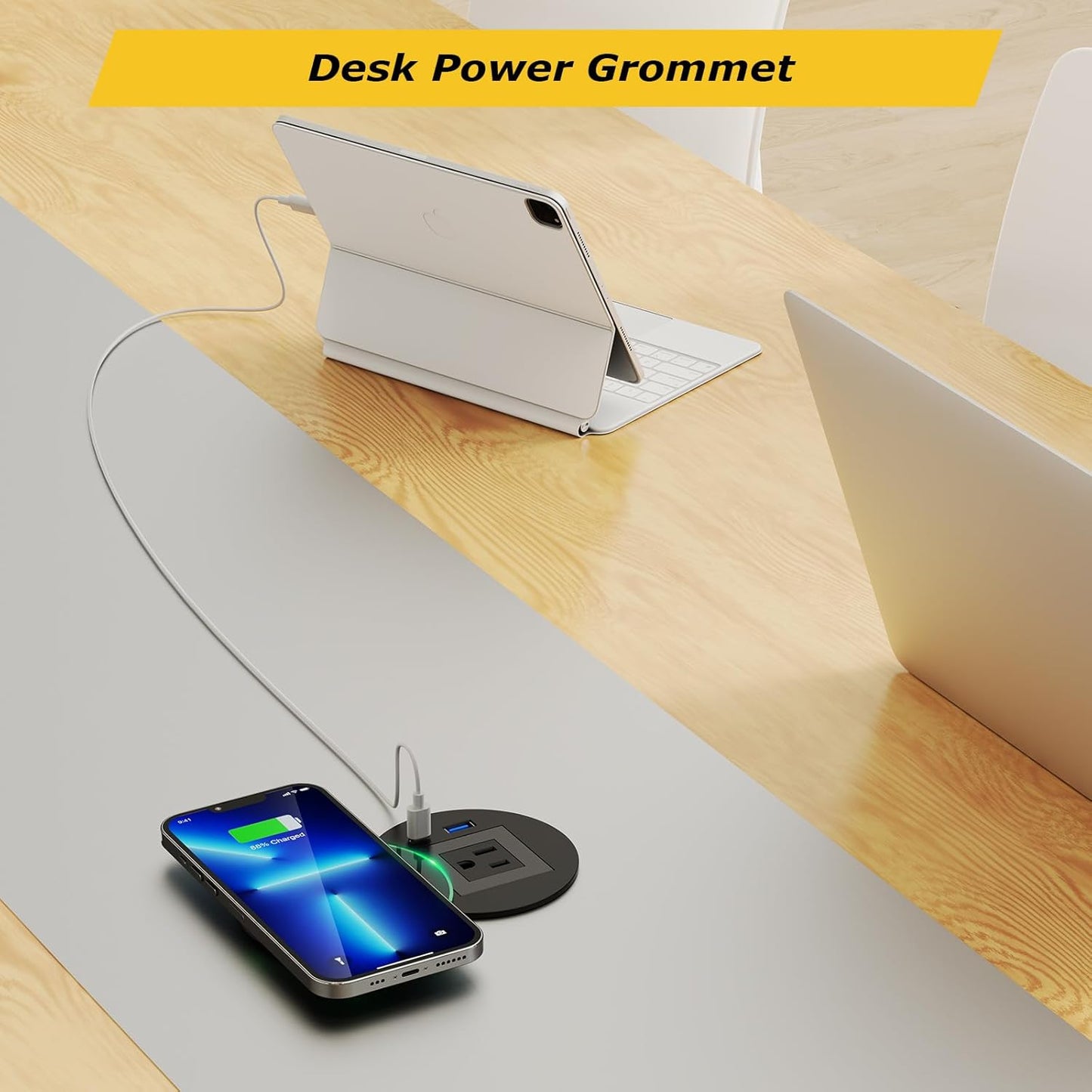 Desk Power Grommet with PD 30W USB C, 15W Wireless Recessed Power Outlets with 1 AC Plugs and 2 USB Ports, Hidden Power Strip for Office Kitchen Cabinet Conference Room