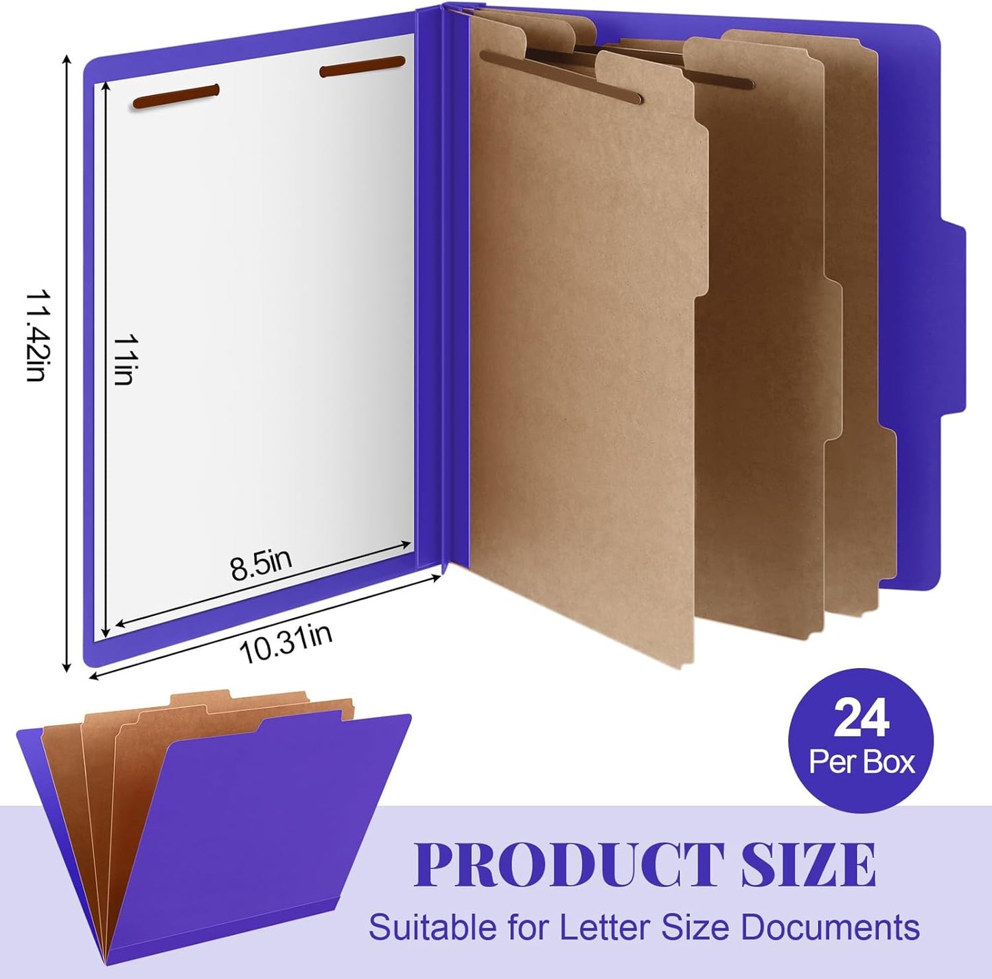 24 Pcs Classification Folders Letter Size, 3 Divider Pressboard File Folder with Fasteners, Expanding File Organizer Bulk for Teachers, Clergy, Office, Church, Christmas Donations (Purple)