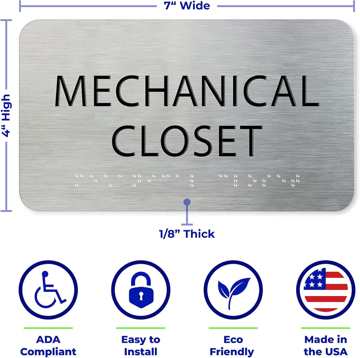 ADASigns Mechanical Closet Sign 7" W x 4" H - Durable Brushed Aluminum with Grade 2 Braille - Easy Installation with Strong Double-Sided Tape - ADA Compliant Office Door Signs for Businesses & Offices