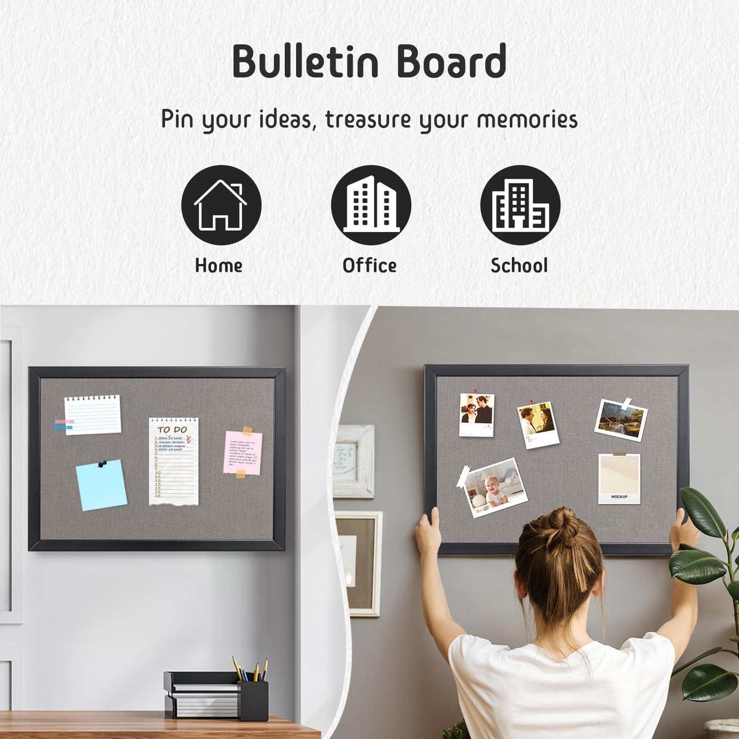 Bulletin Board 36 x 24 Inch, 100% Wood Framed Canvas Cork Board with Grey Fabric, Wall Mounted Notice Board for Home Office School