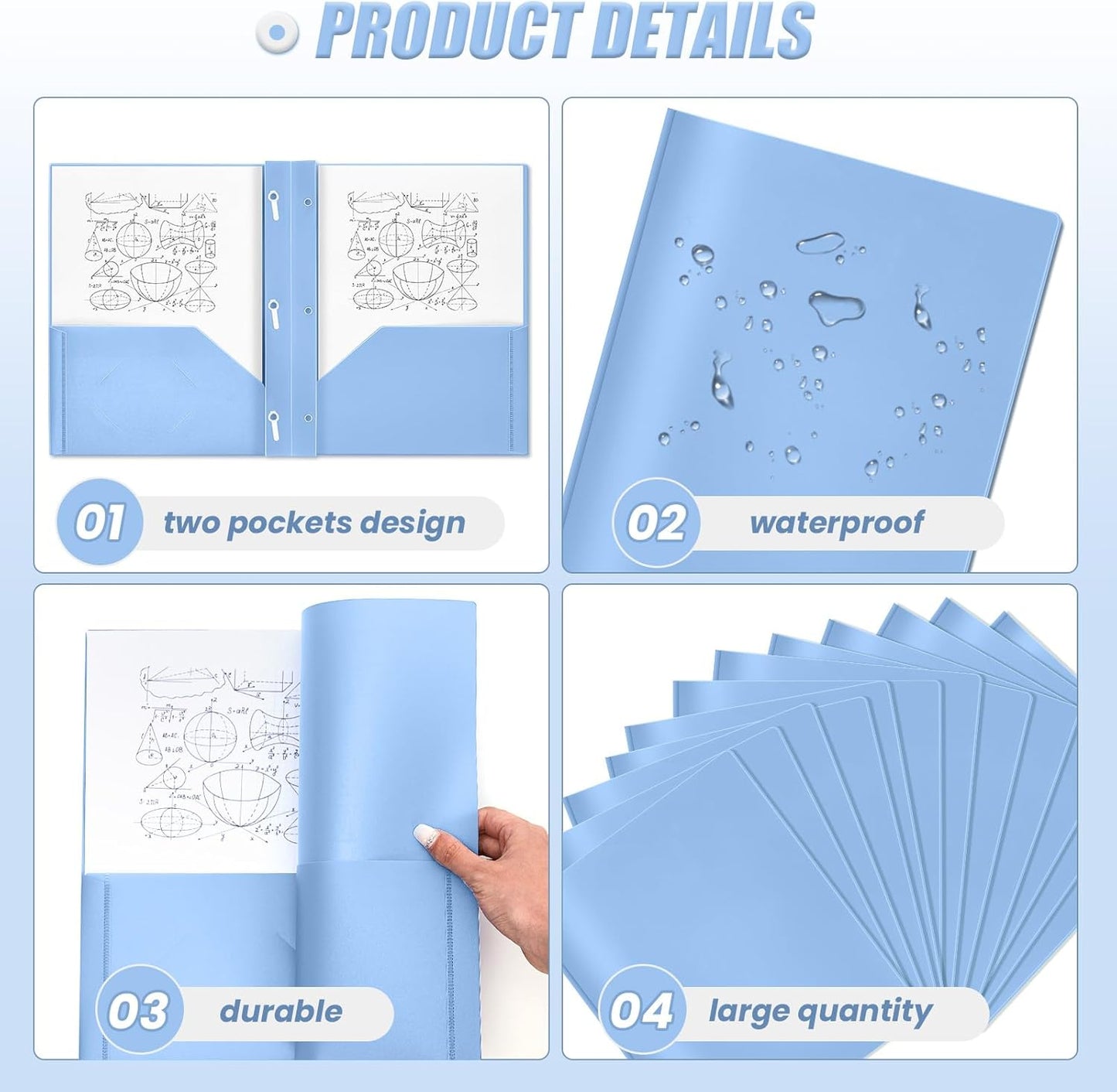 Lincia 100 Pcs Plastic Folders with Pockets and Prong Folders with Prongs 2 Pockets for Office, School for Students, Teachers, Office Workers (Haze Blue)