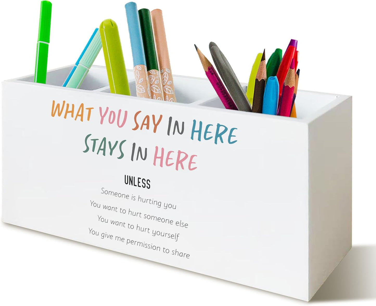 Mental Health Gifts Pen Holder for Desk, Mental Health Office Decor, What You Say in Here Stay in Here Wooden Pen Pencil Holder Organizer for Therapist Counselor Office Desk Accessories