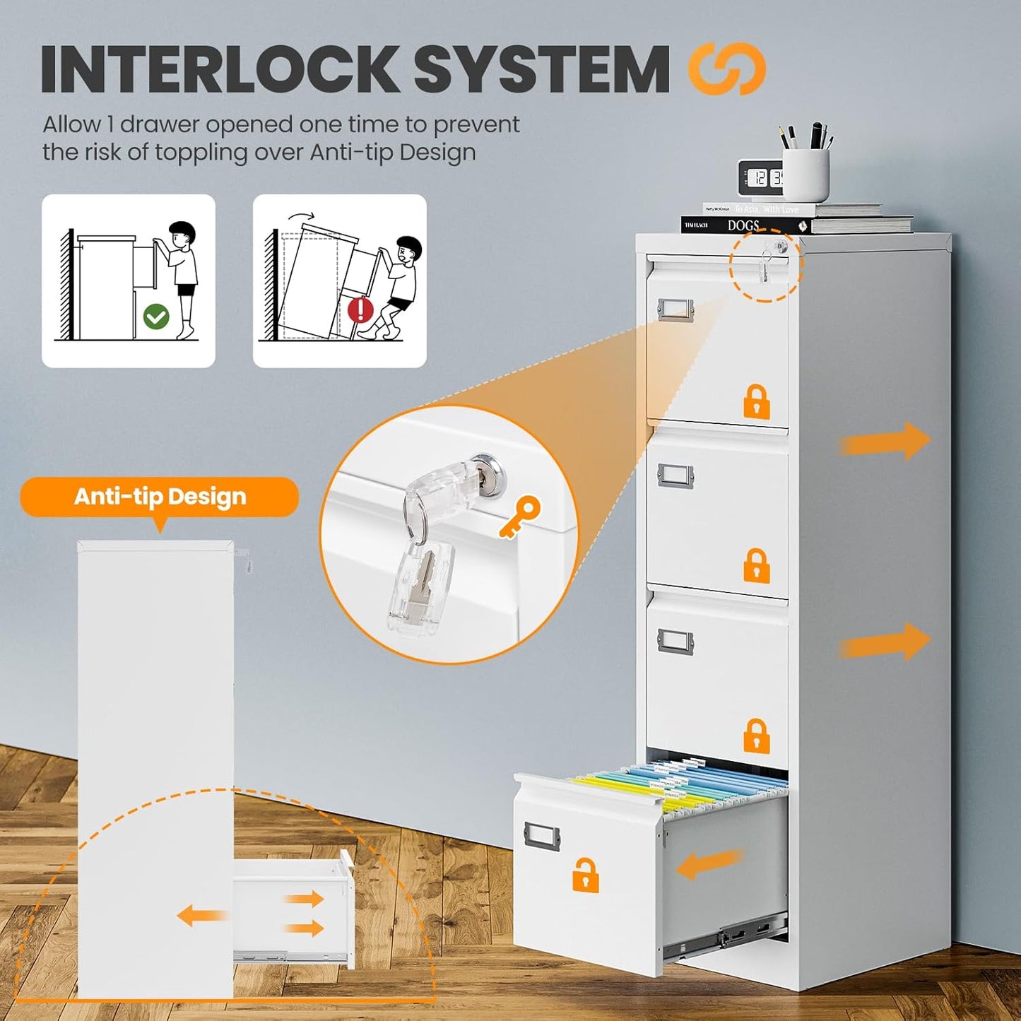 4 Drawer File Cabinet with Lock, Metal Filing Cabinets for Home Office, Vertical Black Locking File Caninet, Steel Narrow Four Drawer File Cabnet for Letter/Legal / A4 / B4- Assembly Required