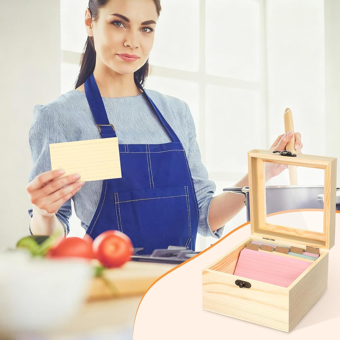 Kathfly 3x5 Index Card Holder Set, 200 Pcs Heavyweight Ruled Notecards and 30 Dividers Wooden Organizer Recipe Box with Flash Card for Home, Office and Kitchen