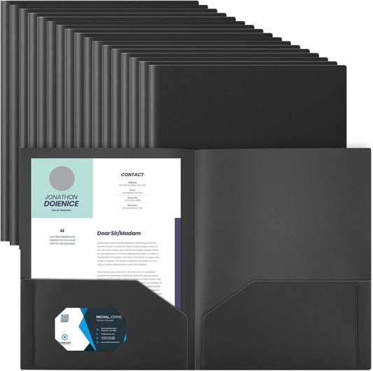 Gueevin 150 Pcs Plastic Folders with Pockets, Two Pocket Folder Fit 8.5 x 11 Inch Letter Size Paper, Heavy Duty School Folders Business Card Holder for Home Office School Bussiness (Black)