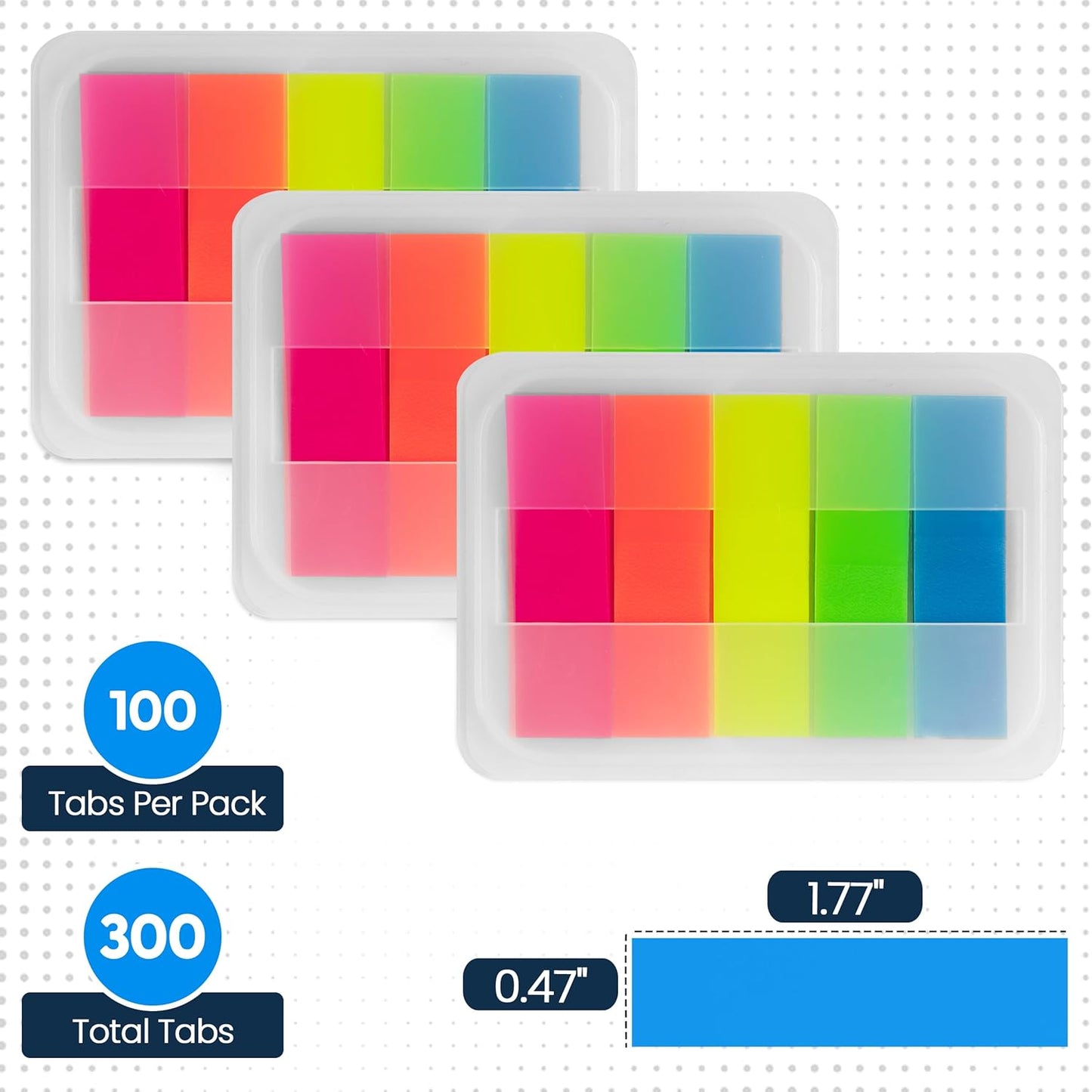 Essex Wares - 300 Pieces - Transparent Sticky Notes Tabs with Case - 5 Bright Colors - 3 Cases - 1.8" x 0.4" - 60 Pieces Each Color - Pop Up Index Tabs - Book Flags for Annotating - Book Sticky Tabs
