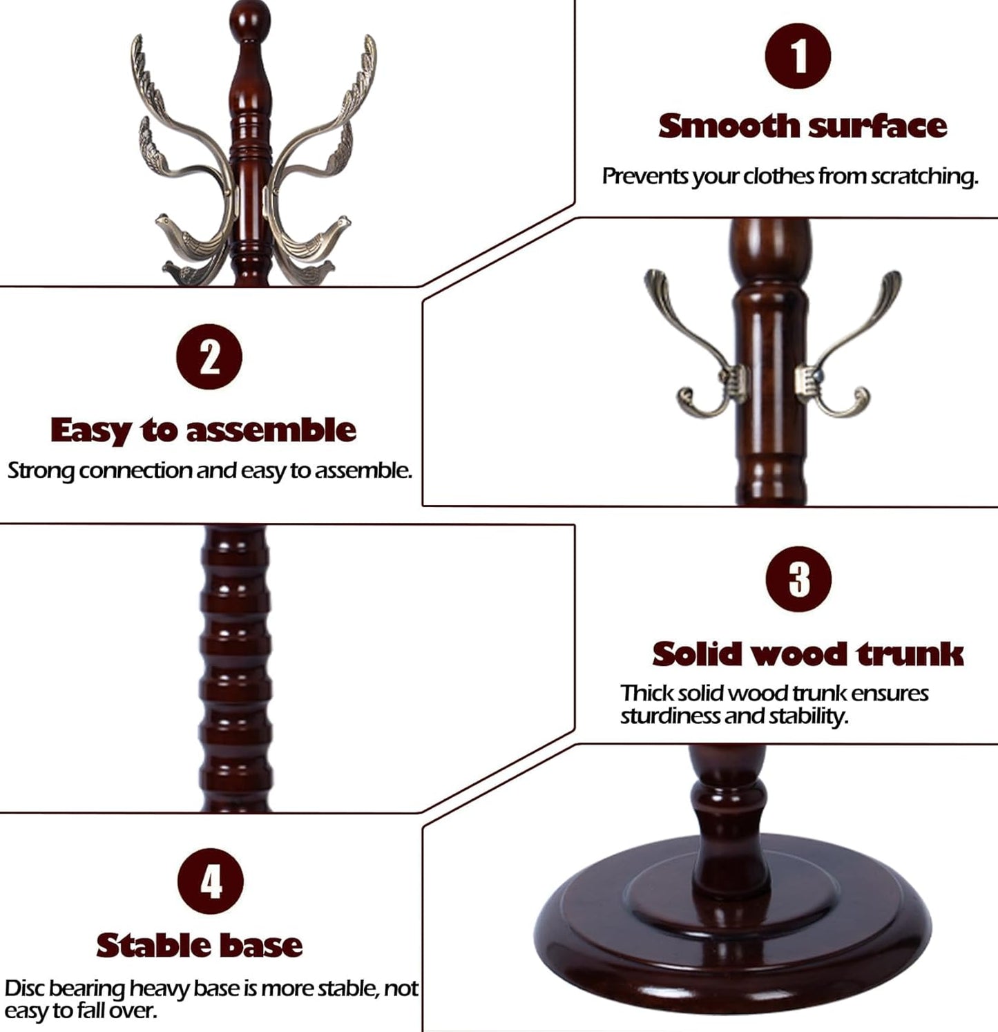 Coat Racks Free Standing with 14 Hooks, Natural Wood Coat Stands for Entryway, Adjustable Height 73 in Tree Coat Rack Stand for Hallway Home Office Bedroom (Mahogany metal)