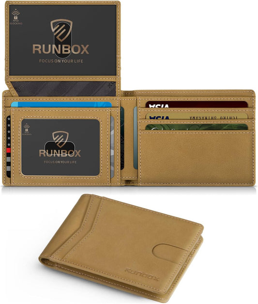 RUNBOX Wallet for Men Slim Rfid Leather 2 ID Window With Gift Box