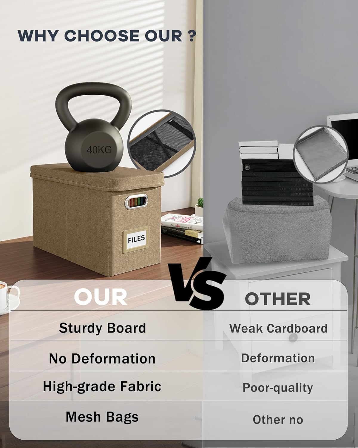 Oterri File Organizer Box with Lid, Hanging Filing File Box with Mesh Pocket, Document Organizer Box for Letter Files, Portable Storage Box with Smooth Sliding Rail for Office&Home(1 PCS, Khaki)