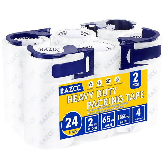 Clear Packing Tape, 24 Rolls Heavy Duty Packaging Tape with Dispensers for Packing Shipping Moving and Sealing, Thicker Packing Tape-2" x 65 Yards Per Roll, 1560 Total Yards