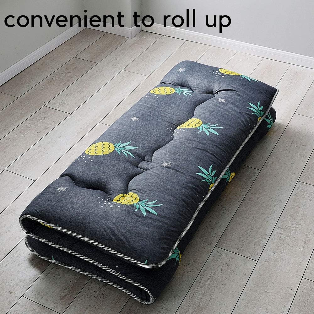 Grey Pineapple Japanese Floor Futon Mattress, Tatami Floor Mat Portable Camping Mattress Kids Sleeping Pad Foldable Roll Up Floor Lounger Couch Bed Full Size with Mattress Protector Cover