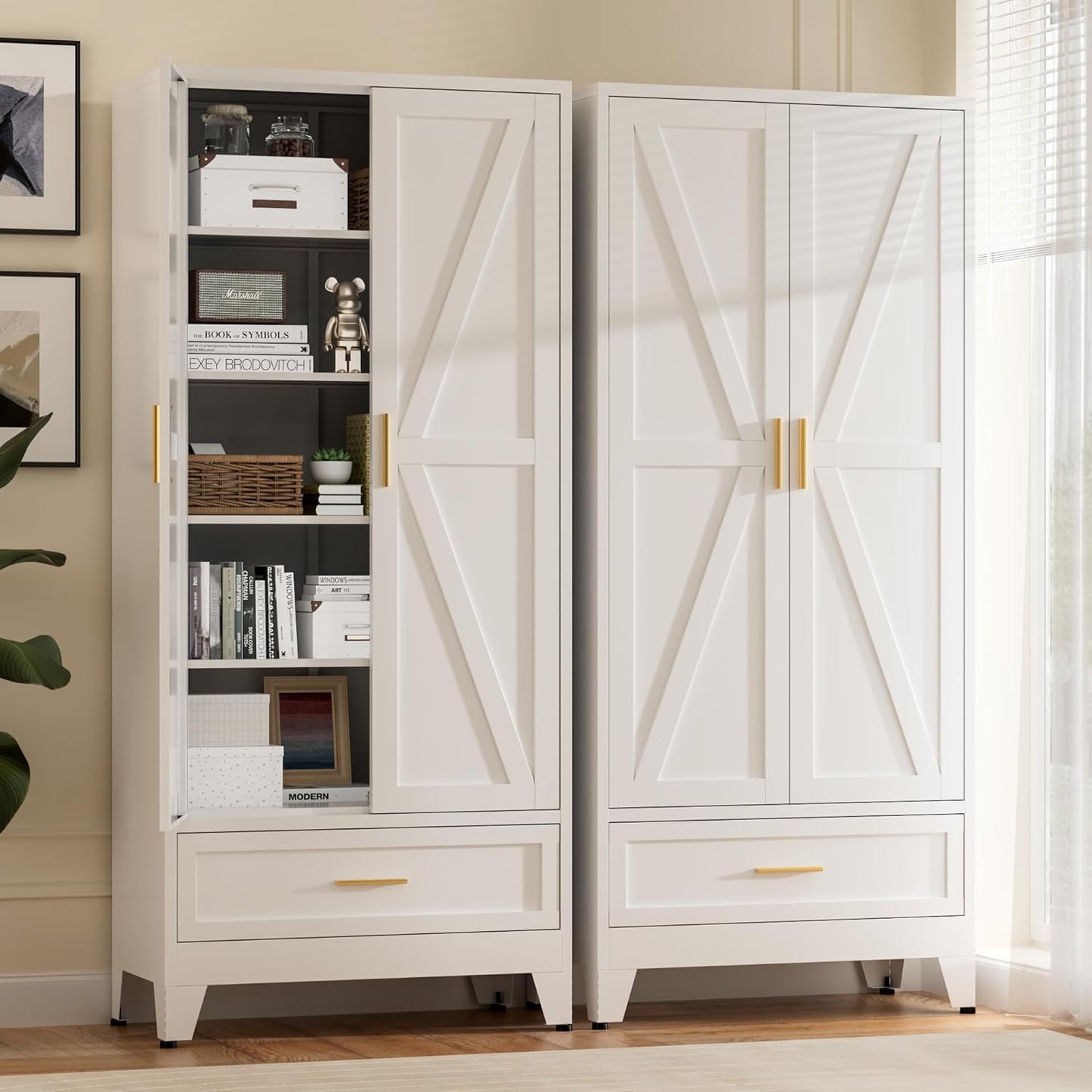 71" Tall Metal Storage Cabinet with Drawer and Adjustable Shelves,Farmhouse Kitchen Pantry Storage Cabinet with Doors,Large Wide Cabinets for Craft Room,Office,Dining Room,Bathroom(White)