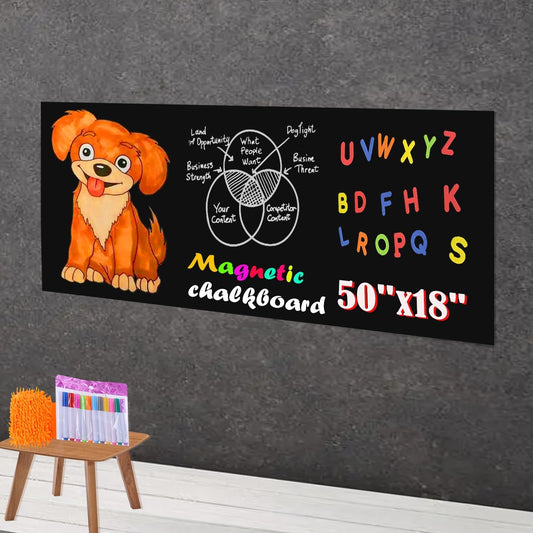 Magnetic Chalkboard Contact Paper 50"x18" Self Adhesive Magnet Wall Board Sticker with 12 Color Liquid Chalk for Kid, Black Chalk Board Wallpaper Roll Alternative to Magnetic Blackboard Paint