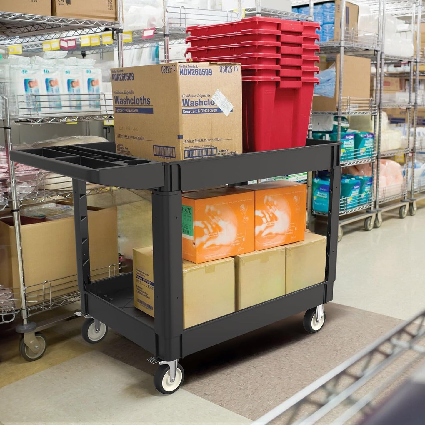 Utility Cart on Wheels, 1000 lbs Capacity Rolling Service Cart, 45 x 25 Inch Work Carts, 2 Shelf Heavy Duty Plastic Tool Cart, Lipped Shelves, for Warehouse, Garage, Cleaning, Black