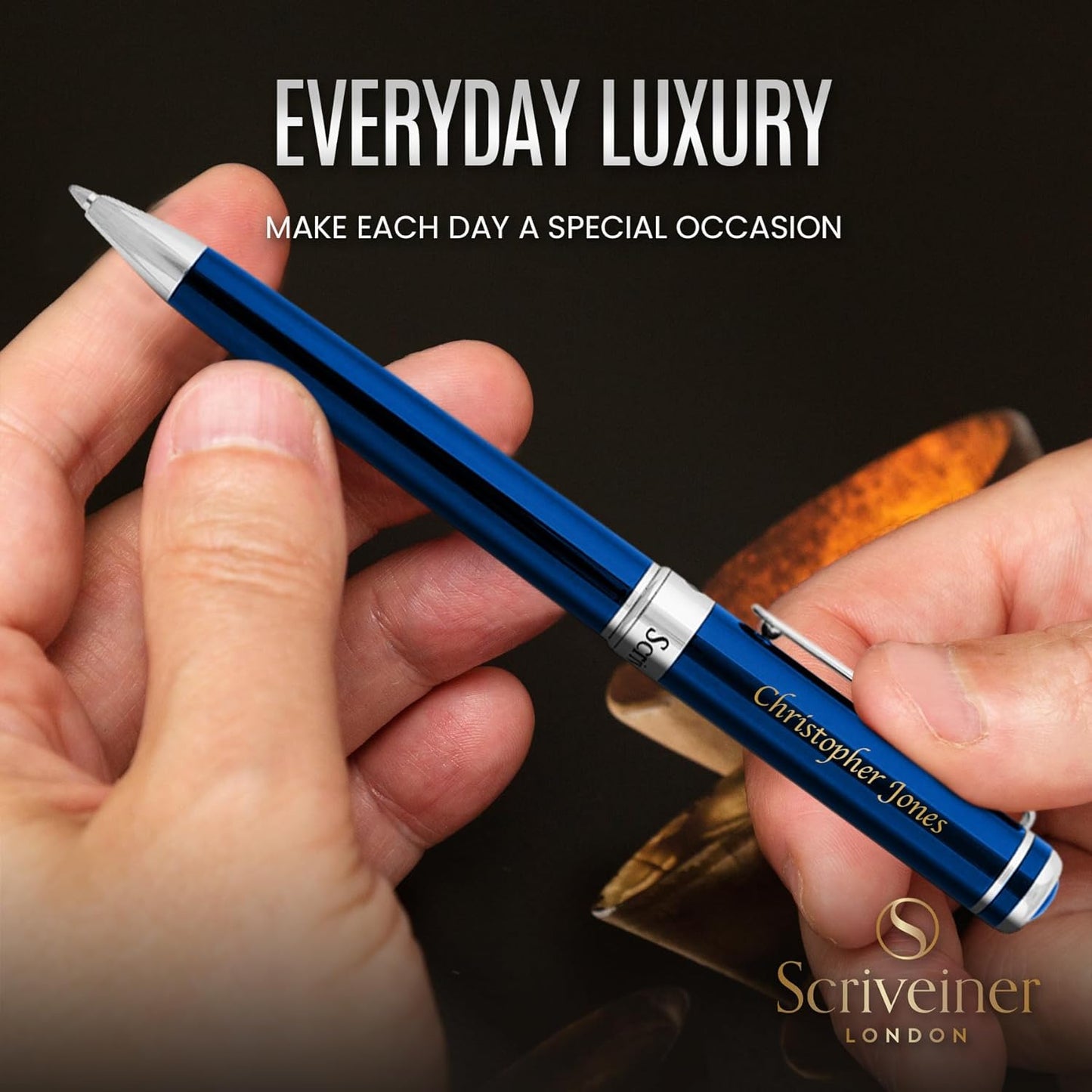 Scriveiner Personalized Midnight Blue Pen - Stunning Blue Lacquer Luxury Pen, Chrome Finish, Schmidt Ink Refill, Best Engraved Ball Point Gift Set for Men & Women, Custom Name Engraving
