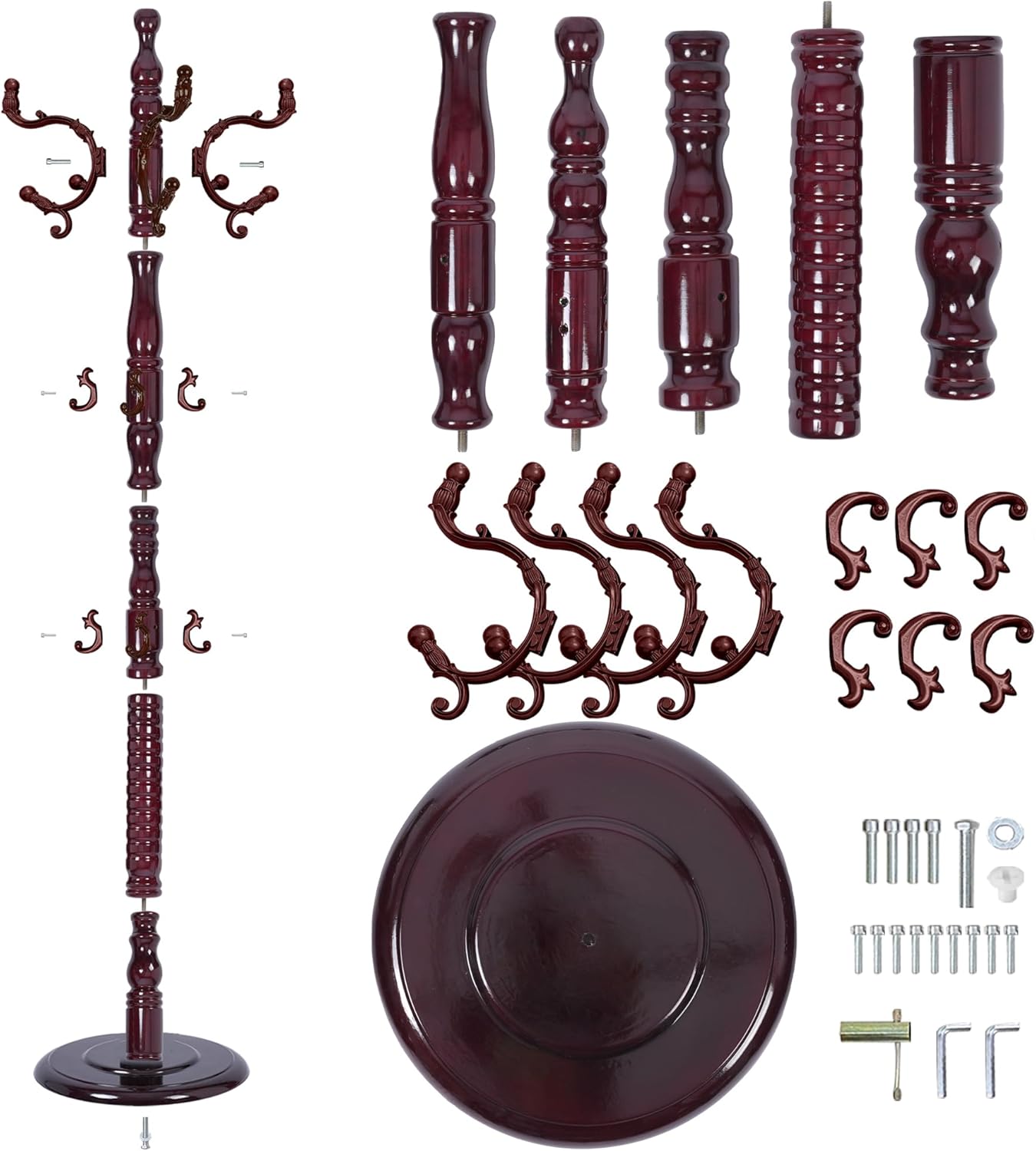 Vintage Free Standing Coat Rack with Disc Base, Solid Wood Coat Hanger Stand with 18 Hooks and 3 Adjustable Size, Standing Coat Rack Tree for Entryway, Bedroom, Hallway, Office, Apartment