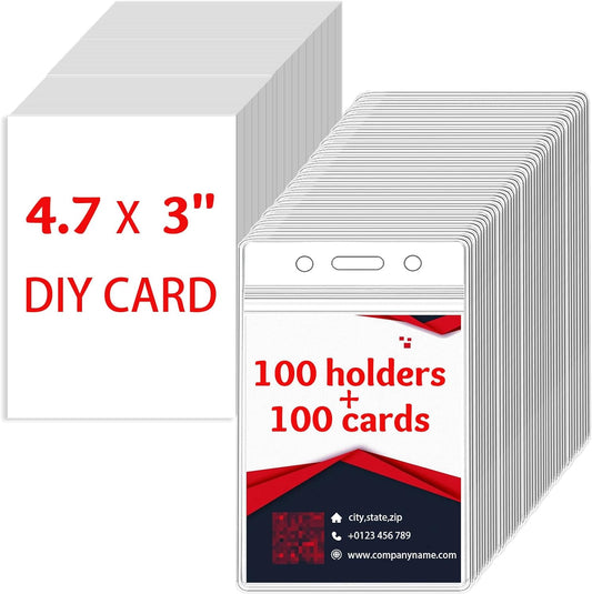 100 ID Badge Holders with 100 Blank Cards, Blank on Both Sides, White and Thick ID Card Holders with Cards