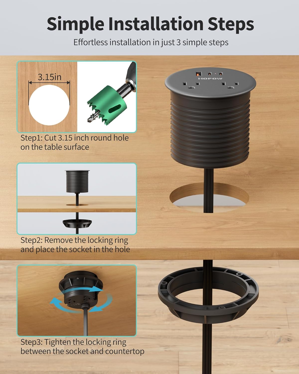 Recessed Desk Power Grommet with 4 AC Outlets 3 USB Ports (2USB C), Dual-Sided Flush Mount Outlet Charging Station for Desktop, Conference Room, Furniture Table, 6.5 FT Cord, Black