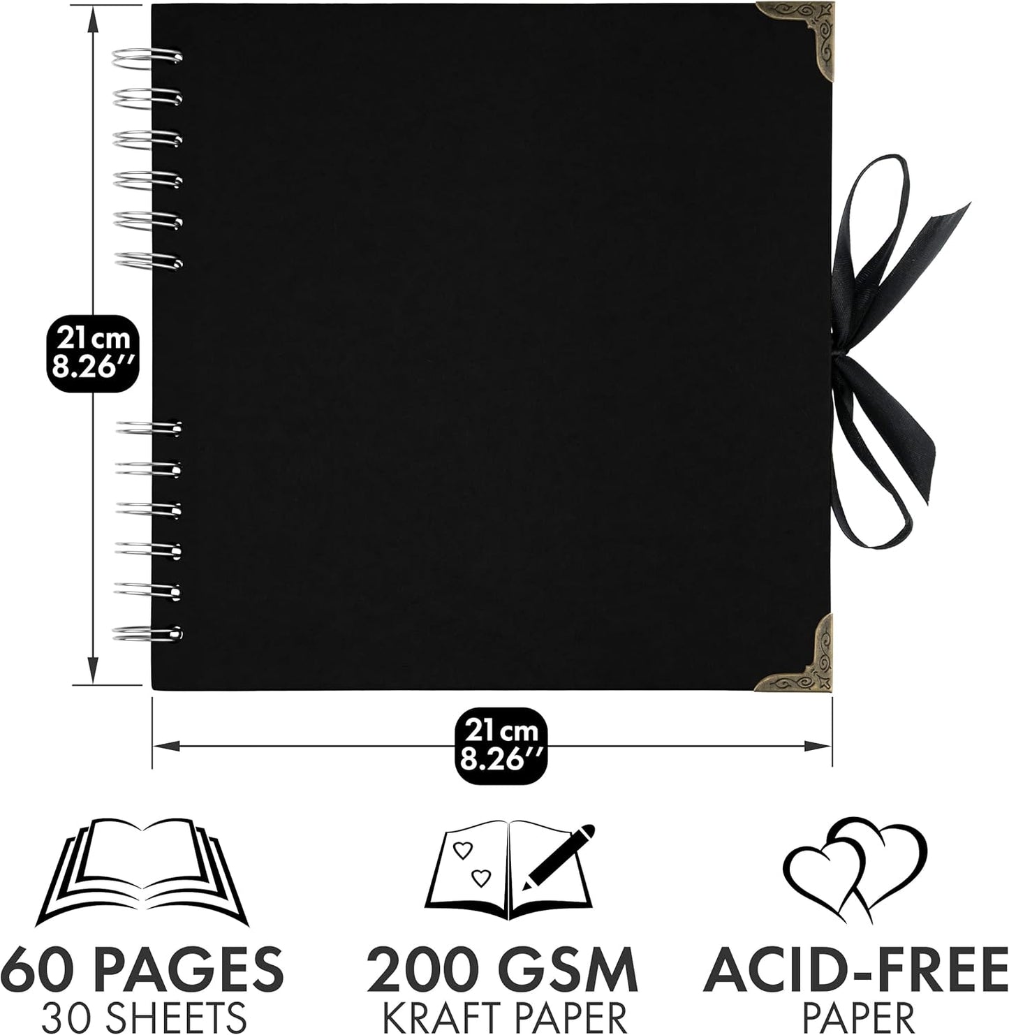 Bstorify Scrapbook Album 60 Pages (8 x 8 inch) Black Thick 250gsm Kraft Paper, Corner Protectors - Scrap Book, Ribbon Closure - Ideal for Your Scrapbooking Albums, Art & Craft Project