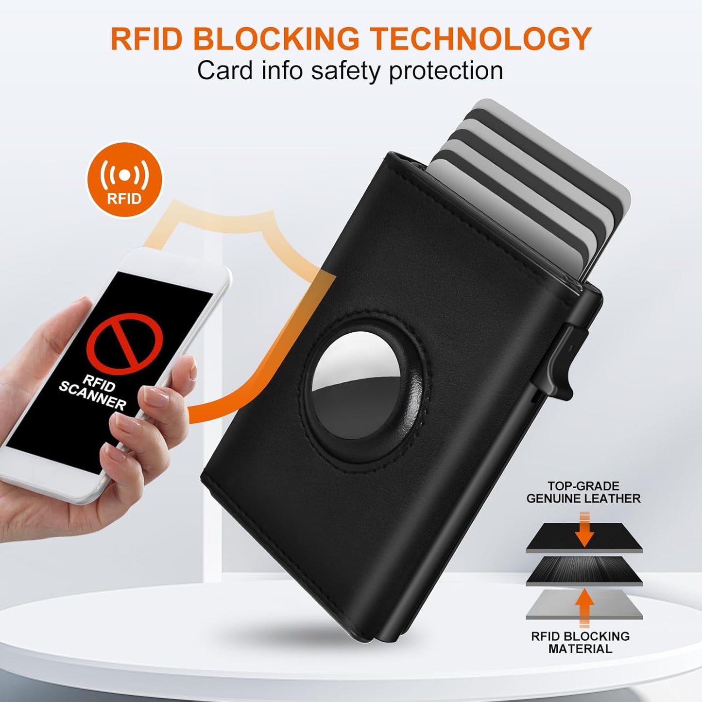 Mens Wallet Card Holder for AirTag - Top Grain Leather Smart Wallet for Men Compatible with Apple Air Tag, RFID Blocking, Slim, Minimalist, 9-14 Card Capacity | ID Window | Cash Slot