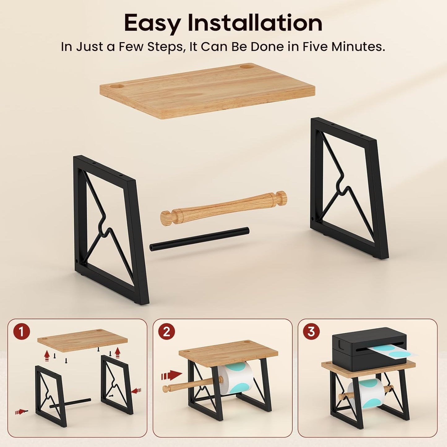Label Holder for Rolls and Fan-fold Labels, Wooden Label Stand for Shipping Label Printer, Sticker Roll Holder Thermal Printer Accessory for Home, Office