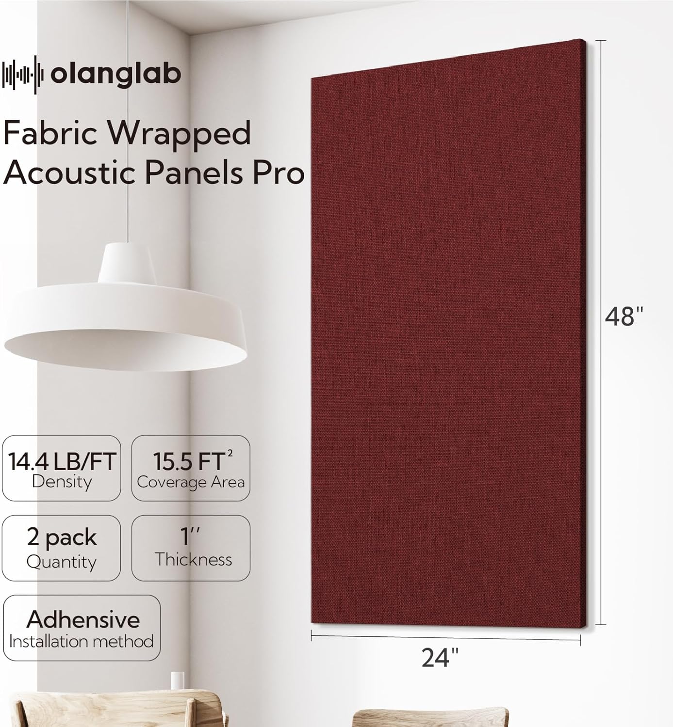 Olanglab Acoustic Panels 2 Pack, 48''x24'' Large Sound Panels, Fabric Wrapped Sound Proof Foam Panels for Walls, Sound Absorbing Panels for Recording Studio Acoustical Treatments (Burgundy)