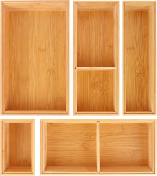 Bamboo Drawer Organizer,5 PCS Silverware Organizer & Kitchen Organizers and Storage,Utensil Drawer Organizer With Removable Dividers for Kitchen,Utensils,Bathroom,Office,Makeup(Natural)
