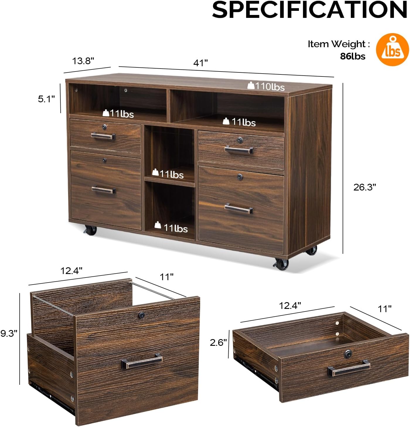 VINGLI Dark Brown Wood Lateral File Cabinet with Lock, 4 Drawer & 4 Open Shelves, Rolling File Cabinet for Home Office, Letter Sized