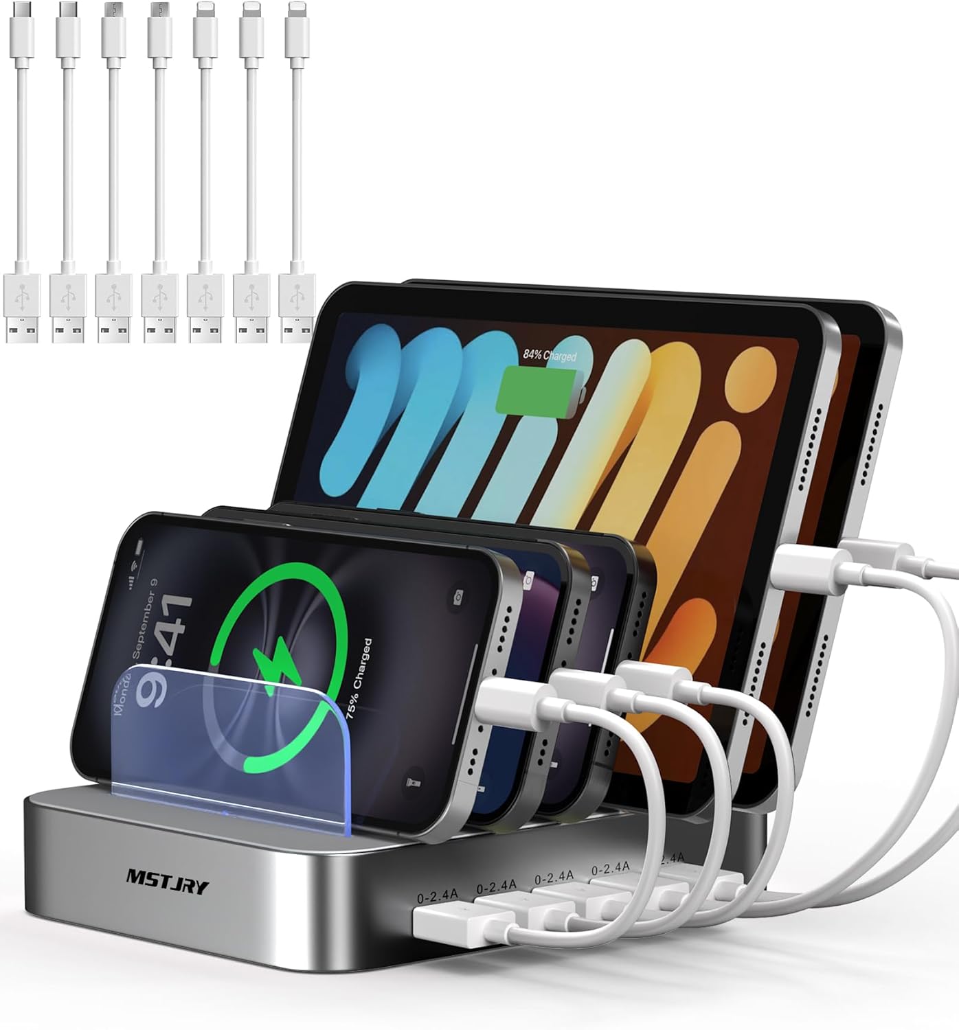 MSTJRY Charging Station for Multiple Devices : 5 Port Multi USB-A Charger Stations Multi-Device Organizer Charging Dock Designed for iPhone iPad Cell Phone Tablets (7 Short Cables Included), Silver