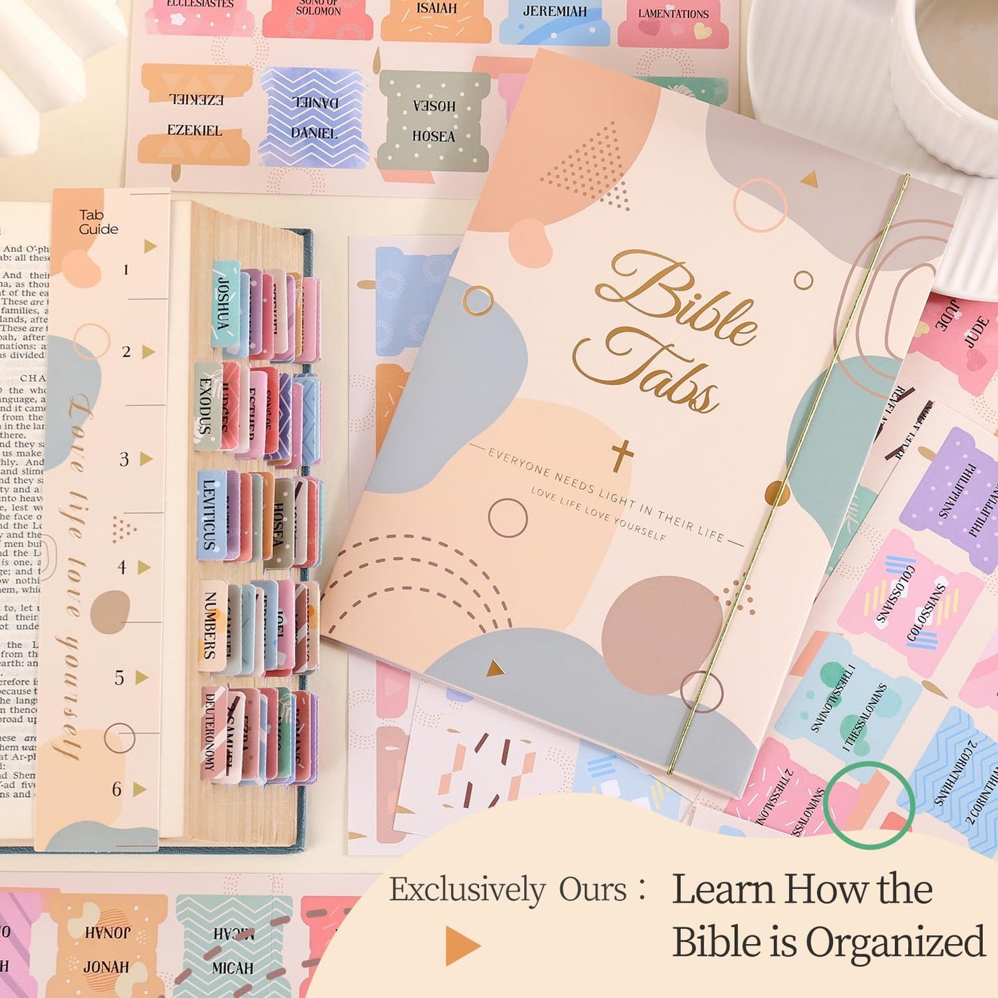 Bible Tabs for Women, 66 Large Print Laminated Bible Chapters Index Tabs and 39 Blank Dividers Sticky Labels, Cute Beauty Geometry Bible Study Supplies, Journaling Accessories, Christian Gifts for Men