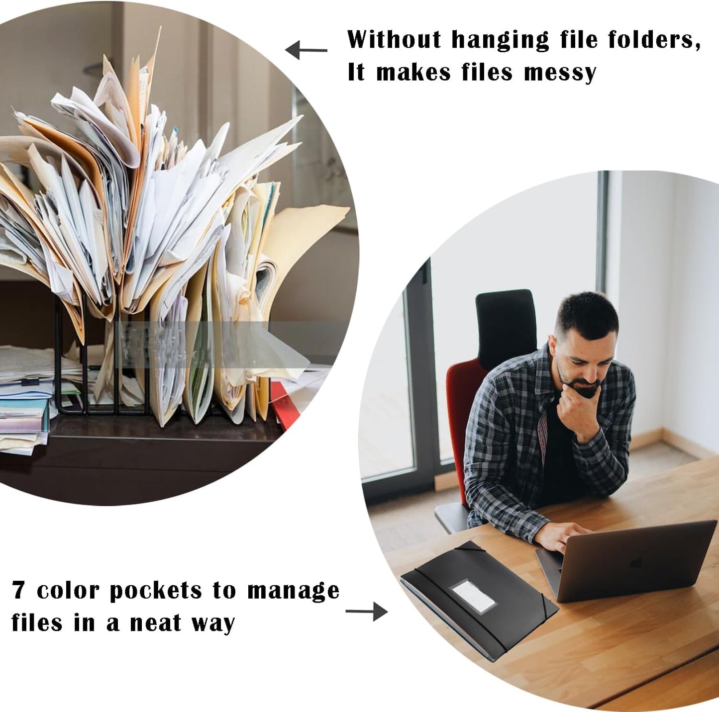 TRANBO 7-Pockets Hanging File Folder with Retractable Hooks for Filing Cabinet, Letter Size Expandable Accordion File Organizer with Elastic Band for File Frame or On-The-Go Use (6 Pack)