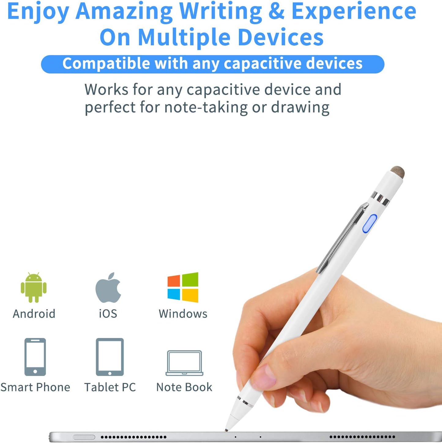 2-in-1 Active Stylus Digital Pen with 1.5mm Ultra Fine Tip for iPad iPhone Samsung Tablets, Work on Touchscreen Phones and Tablets,Good at Drawing and Writing, White