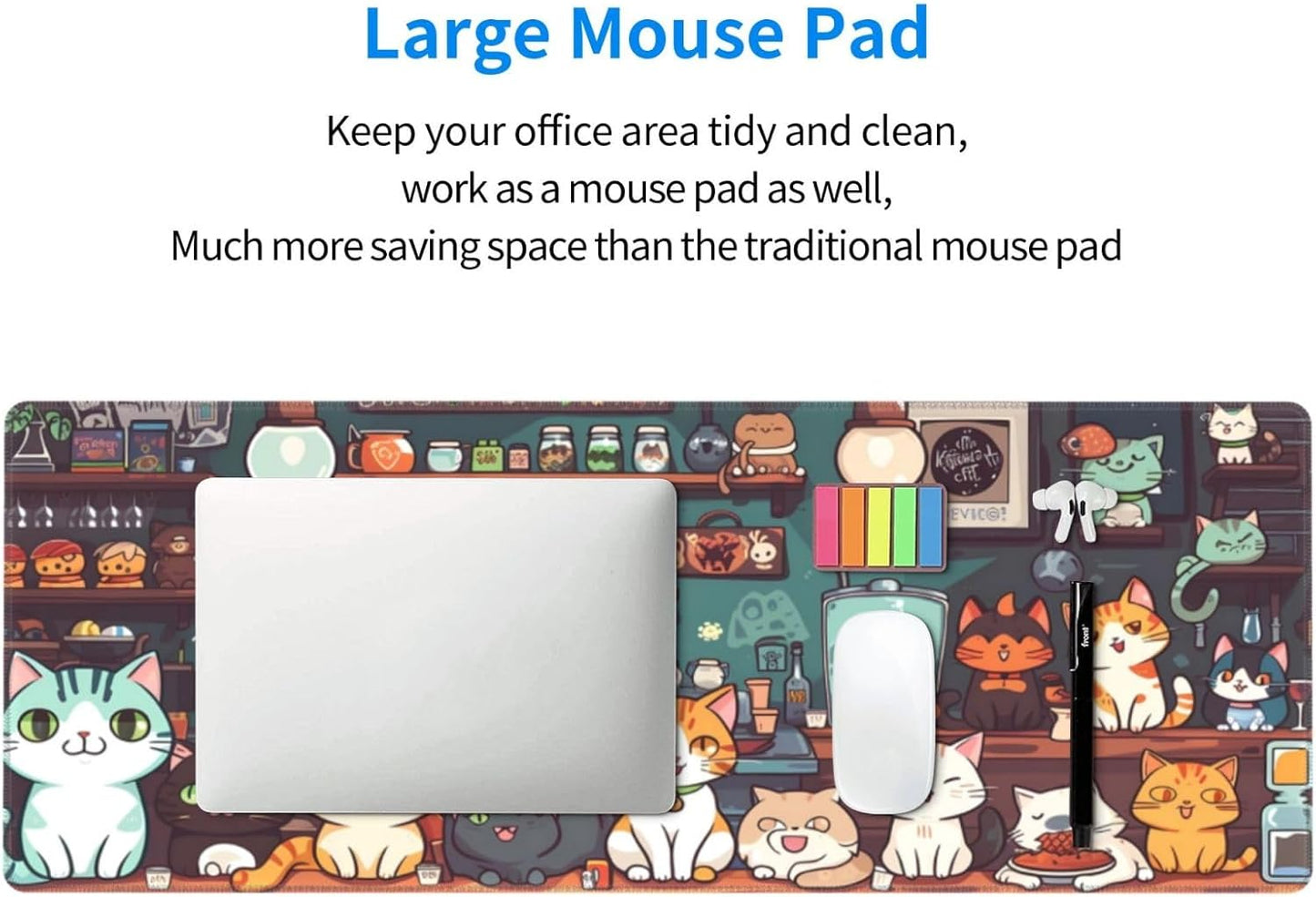 Gaming Mouse Pad Desk Pad,Extended Big Mouse Pad,31.5x11.8 Inch Long Computer Keyboard Mouse Mat Mousepad with 3mm Non-Slip Base and Stitched Edge for Gaming and Office… (cat)