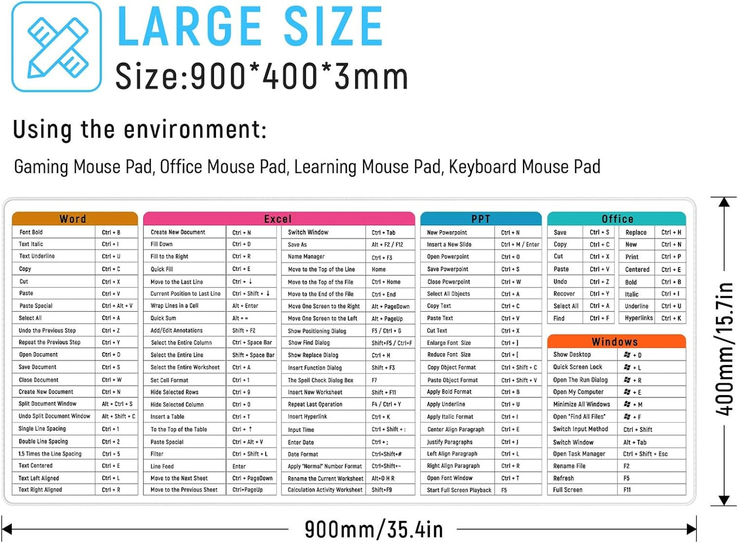 JIALONG Large Gaming Mouse Pad Extra XXL 35.4x15.75 inches Thick Extended Desk Pad Ergonomic Computer Keyboard Pad Mat for MacBook, PC, Laptop, Office Home White Excel Shortcuts