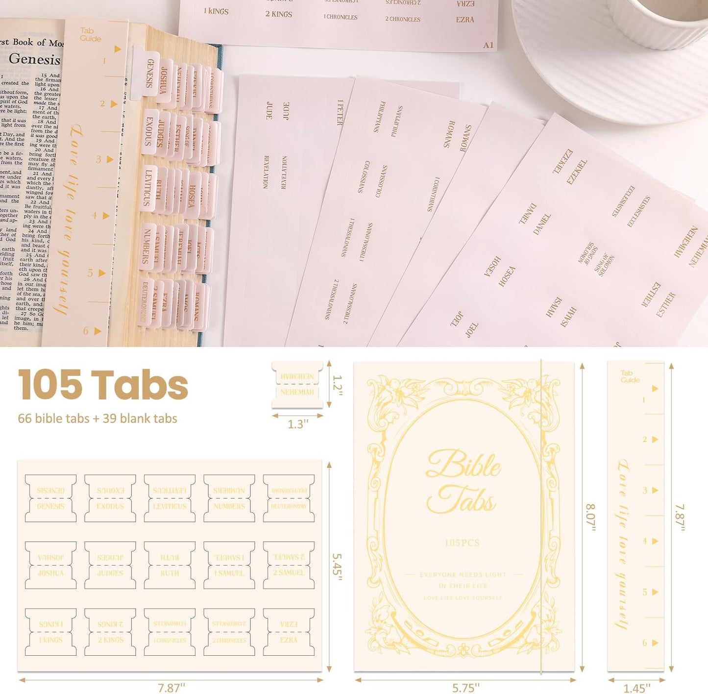 Laminated Bible Tabs, Gold Foil Embossed Lettering Bible Chapter Index Tabs for Women Men, Reposition Large Print Sticky Labels, Easy to Read and Apply, 105Chapters Labels for Easy Navigation (Creamy)