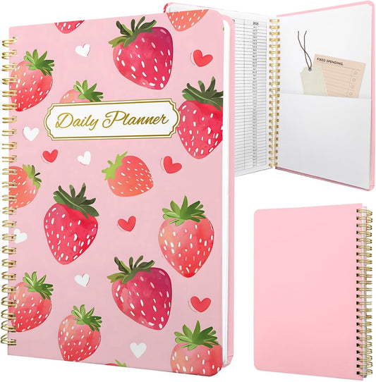 Undated Daily Planner - Spiral Notebook 80 Days One Day Per Page, Hourly Schedule, To-Do List, Notes, Everyday Planning Task, A5 Hardcover Journal Organizer Book Women Cute, Strawberry